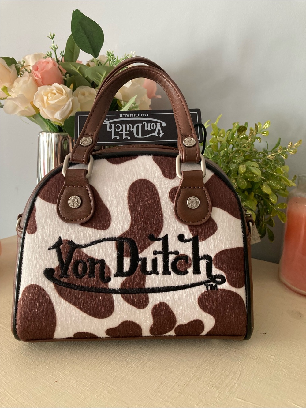 Von Dutch Brown & White Cowhide Satchel Mini Bag